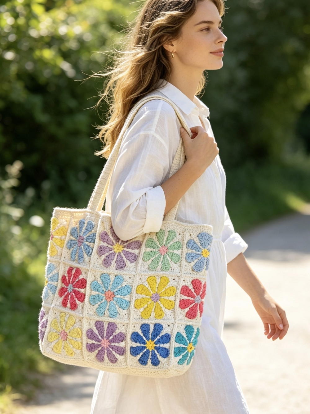 Crochet Floral Patchwork Tote, Cottagecore shoulder bag, handmade boho purse